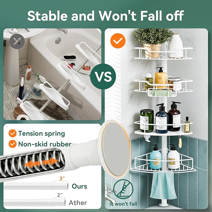 Corner Shower Caddy Tension Pole, 4 Tier Rustproof Shower Tension Rod Organizer, Adjustable 25-125 Inch Bathroom Shower Organizer Shelves for Bathtub Shampoo Storage, White