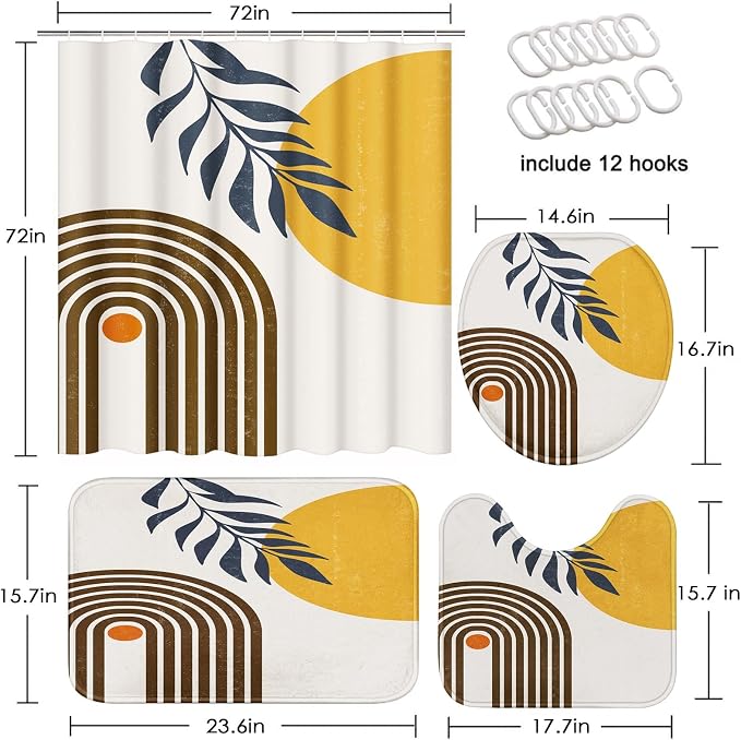 Boho Mid Century Shower Curtain Set with Toilet Lid Cover and Non-Slip Rugs, Modern Abstract 4 Pcs Yellow Sun Minimalist Shower Curtain for Bathroom Set with 12 Hooks