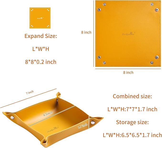 Leather Jewelry Valet Tray for Women and Man, Portable Entryway Table Tray Bedside Nightstand Desk Tray Small Catchall Travel Dish Plate for Key,Wallet,Watch,Coin (8x8, Yellow-B)