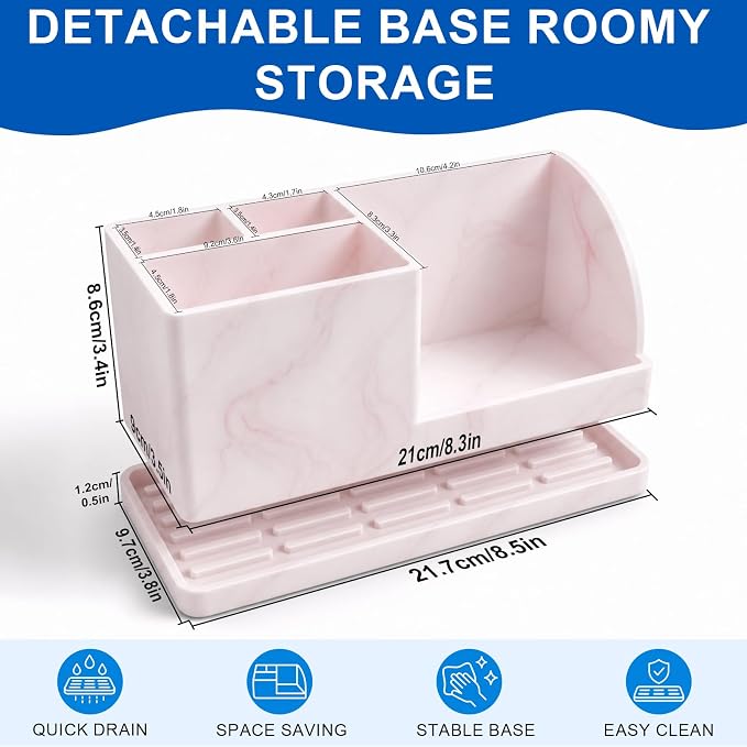 Bathroom Toothbrush Holders, 4 Slots Silicone Counter Organizer Storage with Pink Marble Texture, Detachable Anti-Slip Vanity Organizer for Electric Toothbrush, Toothpaste & Phone