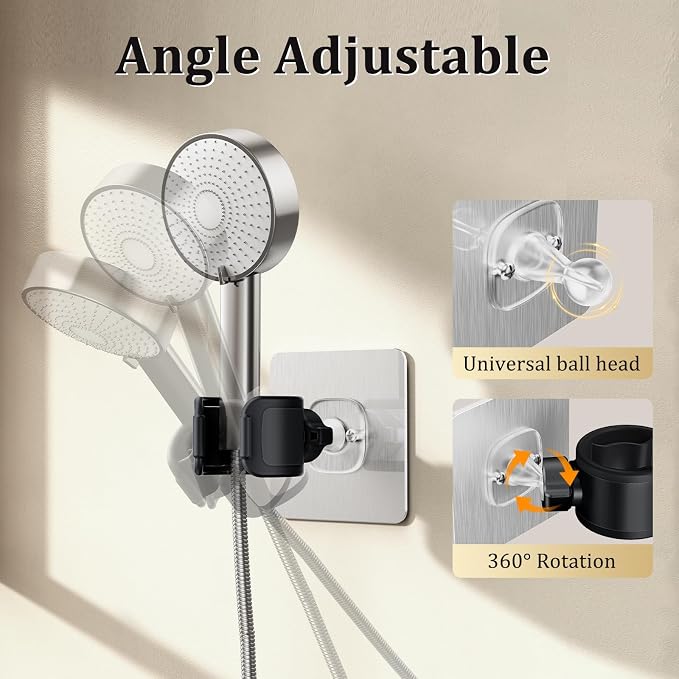 Adjustable Wall Mounted Shower Head Holder, Strong Adhesive & Drilling 2 Installation Methods, 360° Swivel Handheld Shower Wand Holder for RV Kids’ Bathroom Shower Accessories (Black
