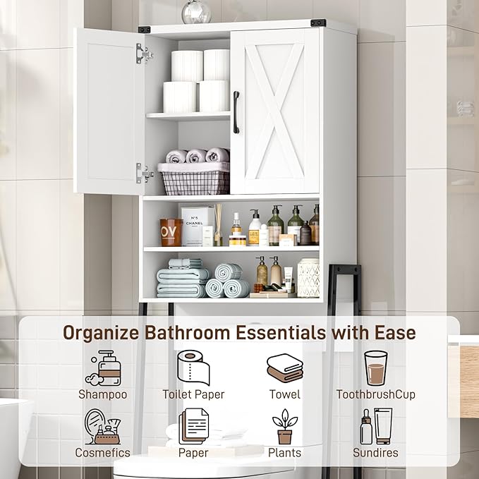 Vabches Over The Toilet Storage Cabinet, Farmhouse Over Toilet Storage Cabinet, Metal Frame with 2 Barn Doors, Home Space-Saving Toilet Rack for Bathroom, Toilet, Laundry Room.