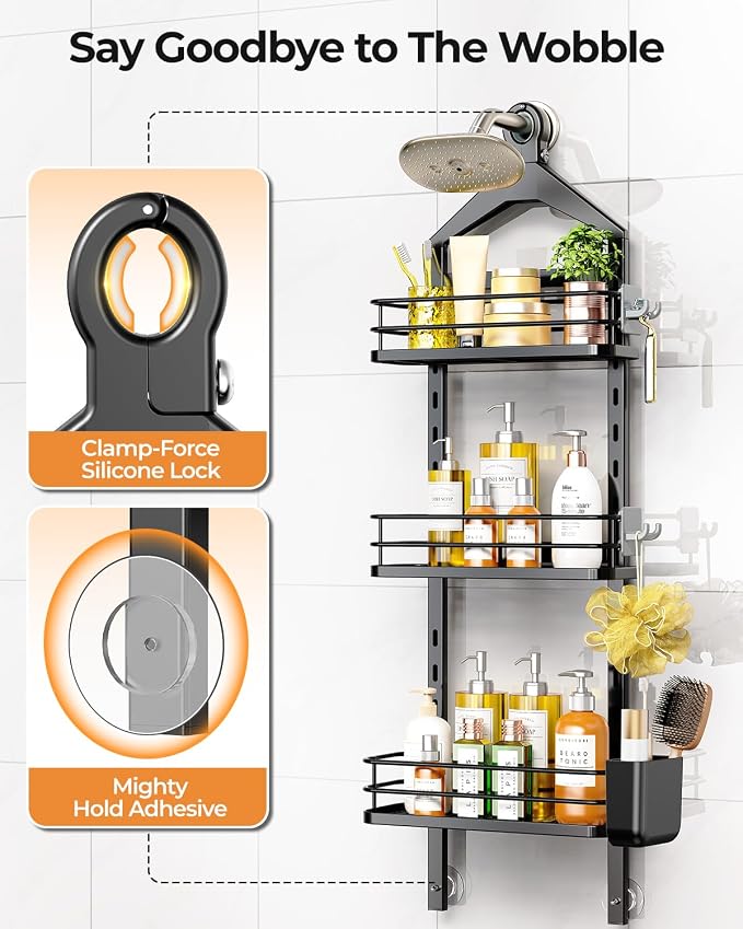 ODesign 3 Tier Height-Adjustable Shower Caddy Hanging Hanger Anti-Swing-Over The Shower Head Caddy-Shower Storage Organizer Bathroom Shelves Basket Shower Caddies-Black,11.9" x 4.84" x 36.2"