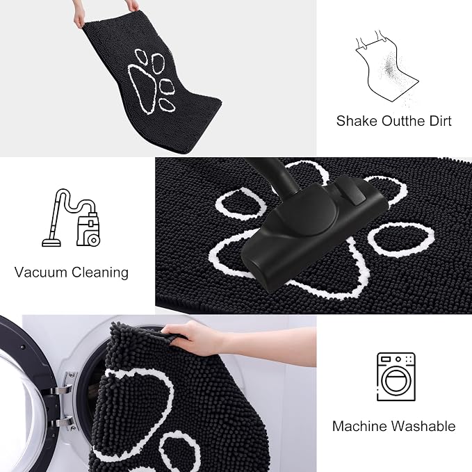 Smiry Dog Door Mat for Muddy Paws, Absorbent Dirt Trapper Non Slip Quick Dry Washable Chenille Mat for Mud Dogs, Entry Rug for Indoor and Outdoor (47x32 Inches, Black and White)