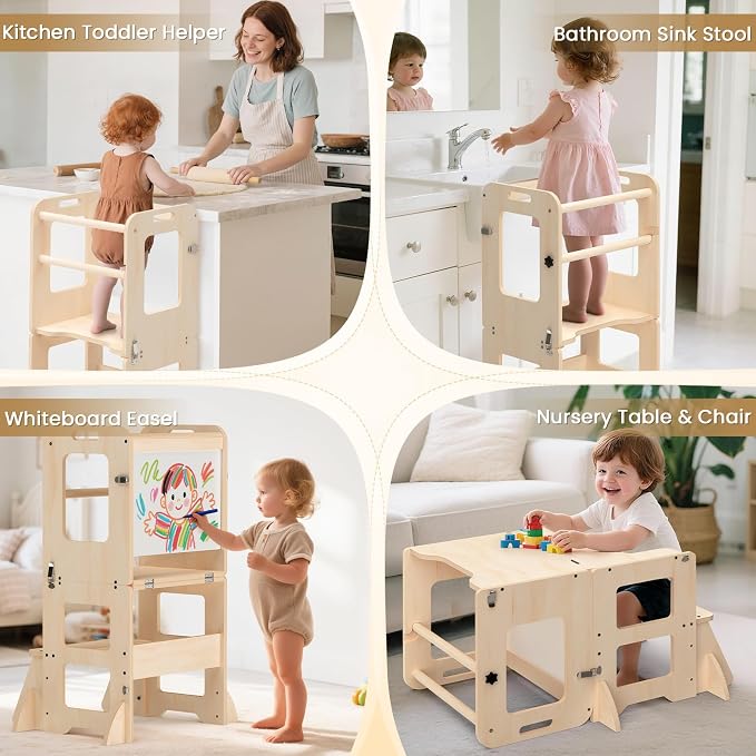 4-in-1 Toddler Kitchen Step Stool, Foldable Learning Standing Tower with Whiteboard, Wooden Kitchen Stool Helper for Kids, 1-3 Year Old Boy Girl Gifts
