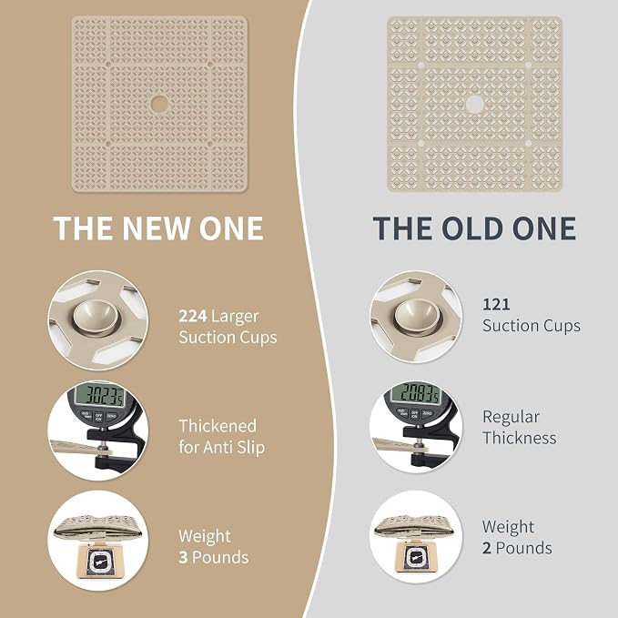 OTHWAY Square Shower Mat, 27"x 27" Extra Large Shower Mats for Inside Shower, TPE Anti Slip Shower Mat with Suction Cups Drain Holes, Machine Washable Shower Floor Mat (Brown)