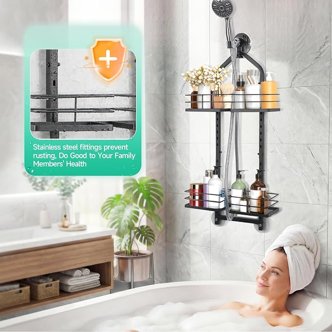 Shower Caddy Hanging for Handheld Showerheads Adjustable Hagging Shower Caddy, Stainless Steel Hose Hanging Shower Organizer 4 Levels Height Shower Rack（black