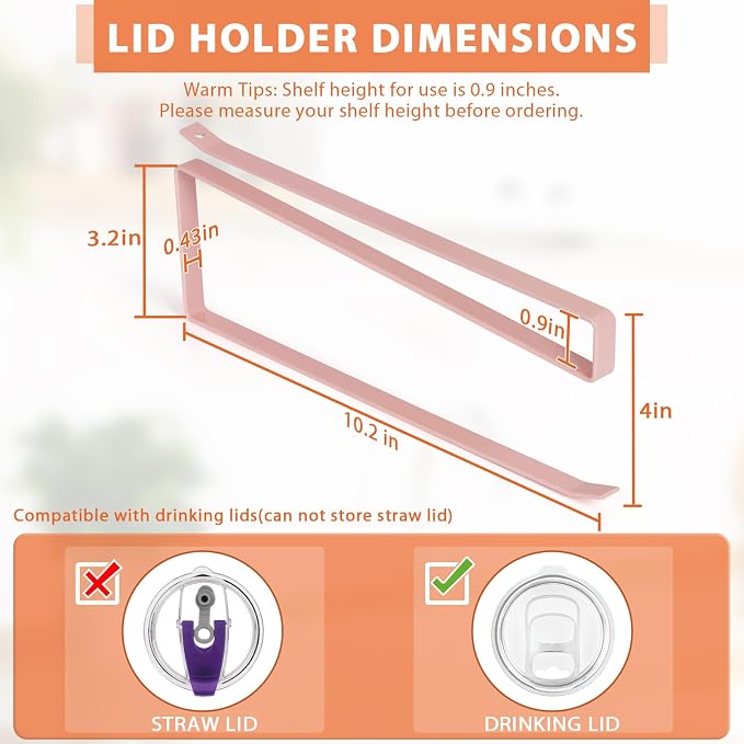 2 Pack Tumbler Lid Organizer, Horizontal Tumbler Lid Storage Hook to Hold Up 20 Lids, Space Saving Cup Lid Holders Under Cabinet Tumbler Lid Hook for Kitchen Organizer, Paper Towel Rack Hanger (Pink)