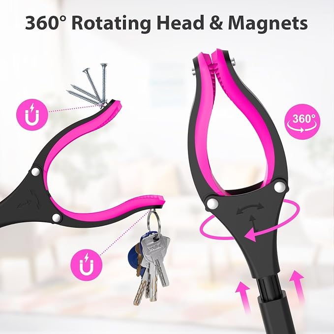 36" Grabber Reacher Tool, Foldable Reacher Grabber Pickup Tool with 360° Rotating Jaw & Two Magnets, Extra Long Trash Picker Upper Grabber, Lightweight Grabbers for Seniors, Pink