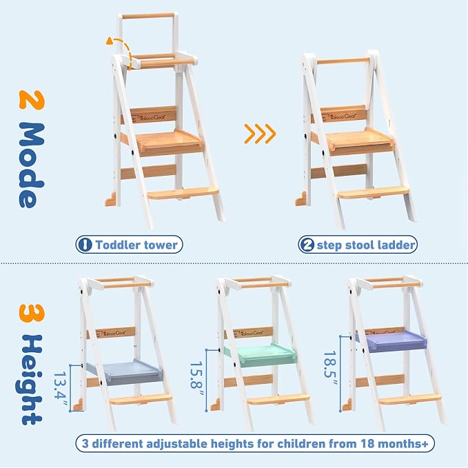 Foldable Toddler Tower, Toddler Kitchen Stool Helper with Safety Net, Wooden Kitchen Step Stool for Toddlers with Adjustable Height, Standing Tower for Learning and Cooking(White)