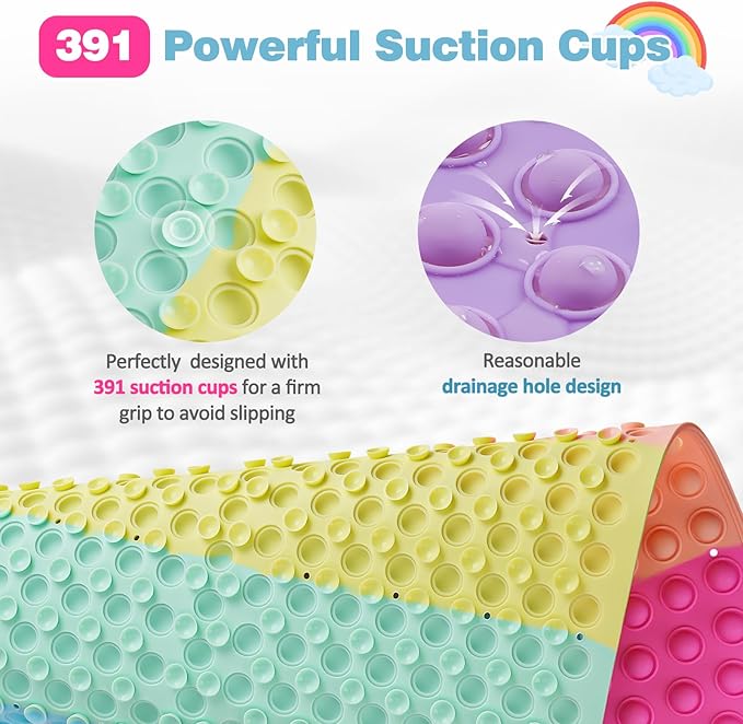 Silicone Push Pop Bath Mat – 33"x17.3" Extra Large Rainbow Bathtub Mat with 391 Suction Cups, CPC Certified Non-Slip Sensory Toy, Calming Stress Relief for Bath Time