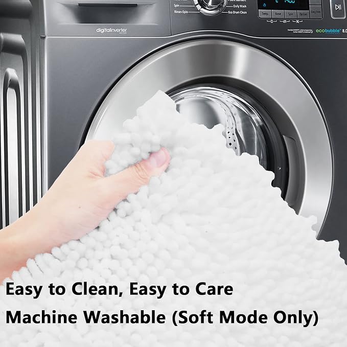 White Bathroom Rugs Chenille 3-Piece Extra Soft and Absorbent Shag White Bath Mat, Machine Wash Mat, Strong PVC Non-Slip Underside, Plush Carpet Mats