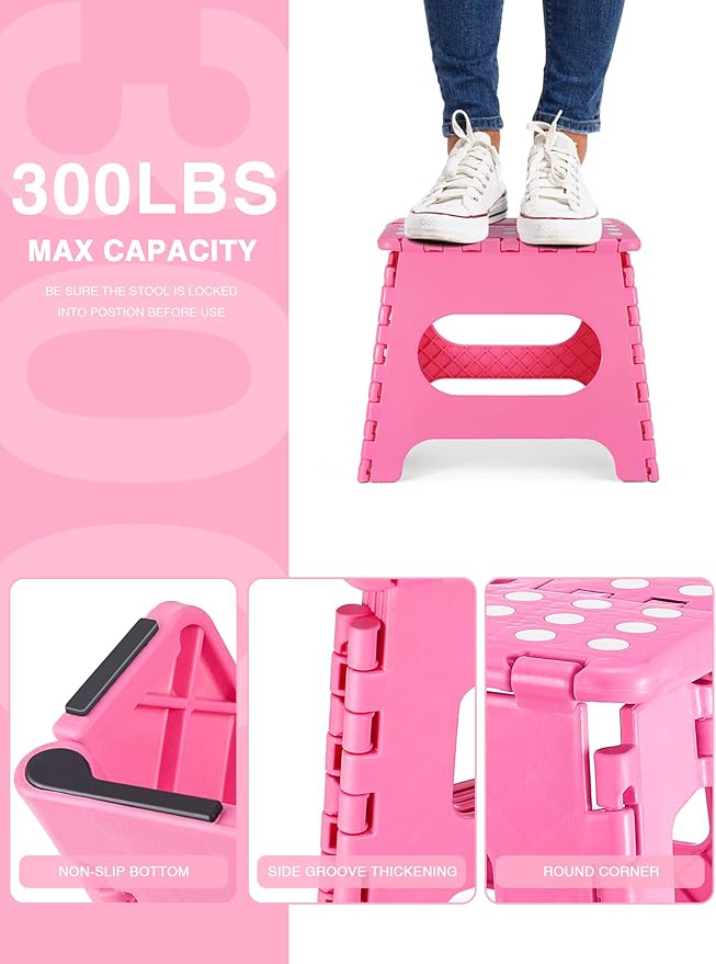 Dyforce Folding Step Stool, 11 Inch Kids Step Stool, Foldable Step Stools for Adults, Compact Foot Stools, Light-Weight Toddler Step Stools for Kitchen, Bathroom, Holds Up to 300 lbs (Pink)