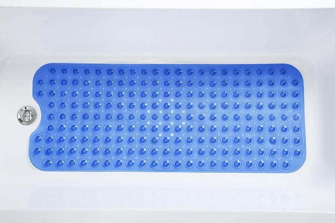 Extra-Long Non-Slip Bathtub & Shower Mat 39”x16” (Smooth/Non-Textured Tubs Only) Safe, Clean, Machine-Washable, Superior Grip&Drainage, Vinyl, Transparent Blue