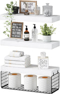 QEEIG Bathroom Shelves Over Toilet - Wall Mounted Floating Shelves Toilet Paper Storage Small Farmhouse Decor Shelf 16 inch Set of 3, White and Black (019-WB3)