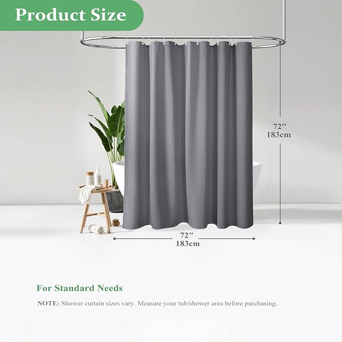 Dynamene Grey Fabric Shower Curtain for Bathroom - Waffle Weave Textured Heavy Duty , 256GSM Hotel Luxury Weighted Cloth Bath Curtain Set with 12 Plastic Hooks,72x72, Grey/Gray