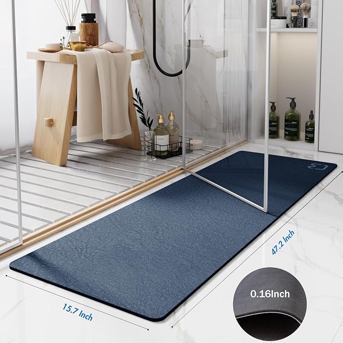 RUERYA Bath Mat Runner - Long Diatomite Stone Bath Mats for Bathroom Super Absorbent Large Diatomaceous Earth Bath Mat Non Slip Quick Drying Shower Mat Thin Bathroom Rugs Floor Mat, 15.7"x47.2", Navy