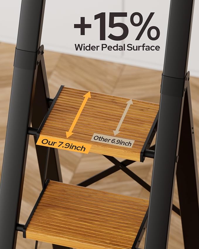 6 Step Ladder for 12 Feet High Ceiling, Lightweight Aluminum Folding Step Stool with Convenient Handgrip, Stepladders with Anti-Slip and Wide Pedal for Home Use Space Saving - Black+Woodgrain