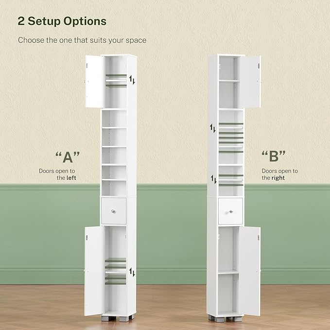 TEENFON Bathroom Cabinet, Narrow Bathroom Storage Cabinet with 5 Adjustable Shelves & Drawer, Freestanding Cupboard for Small Spaces, White