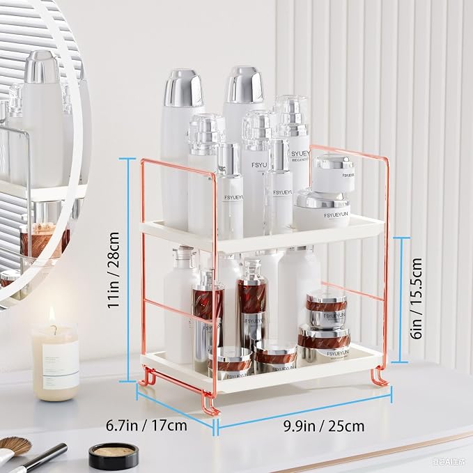 FSyueyun 2-Tier Bathroom Countertop Organizer, Tool-Less Installation Premium Plastics Makeup Shelf Organizer Perfume Skincare for Dresser Vanity Tray Organizers and Storage (Rose Gold)