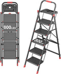 DIAMONDFORGE 5 Step Foldable Ladder with Multifunctional Tool Tray, Iron, Platform Ladders Stepstools, Folding with Non-Slip Pedals, 800 lbs Bearing Capacity for Adults/Home/Kitchen, Black Red