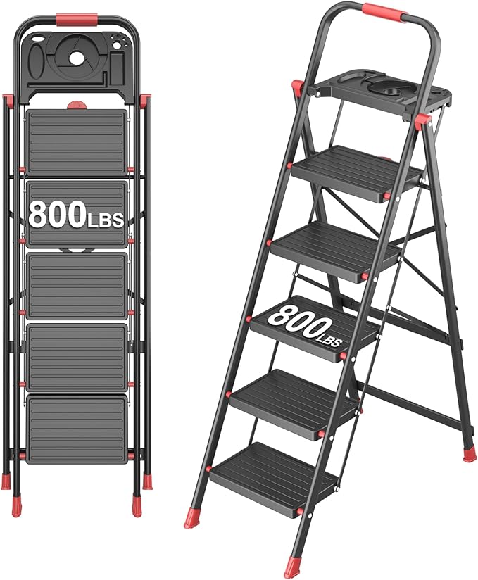 DIAMONDFORGE 5 Step Foldable Ladder with Multifunctional Tool Tray, Iron, Platform Ladders Stepstools, Folding with Non-Slip Pedals, 800 lbs Bearing Capacity for Adults/Home/Kitchen, Black Red