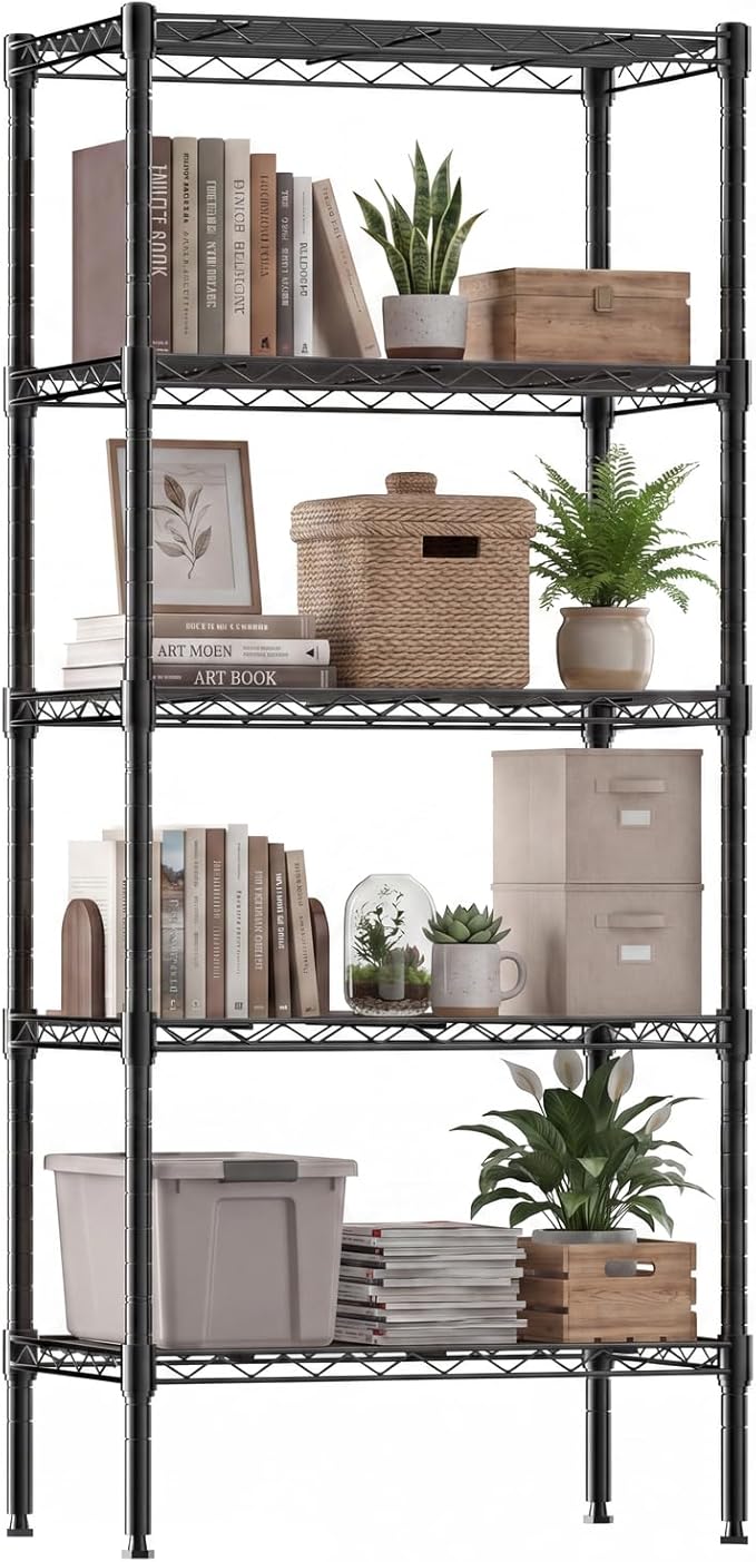 DUMOS 5-Tier Metal Wire Storage Shelves, Adjustable Standing Storage Rack Shelf, Heavy Duty Steel Shelving Unit Organizers for Kitchen Bathroom Pantry Garage, 23.2" Wx13.4 Dx59.8 H, Black