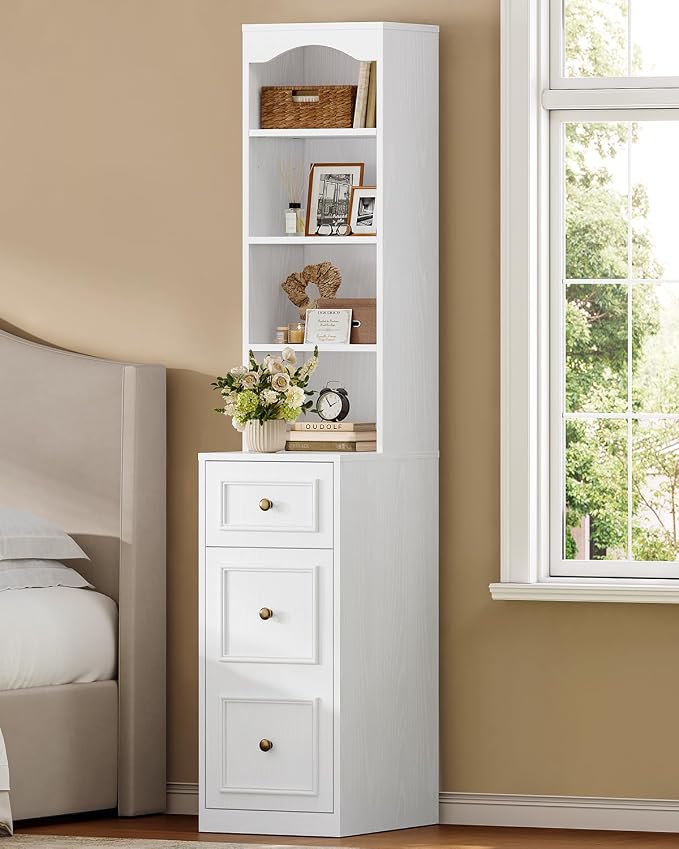 67" Tall Bathroom Storage Cabinet with 4 Open Shelves, Drawer & Cabinet, L-Shaped Narrow Bathroom Storage Cabinet with Adjustable Shelf, Bathroom Storage Cabinet for Bathroom, Living Room, White