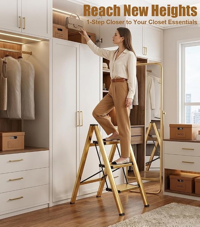 hismocal Foldable 3 Step Stool Ladder for Closet/Kitchen - Aluminium Gold Step Ladder, 330lbs Lightweight with Anti-Slip Wide Pedal, Portable for Kids/Adults