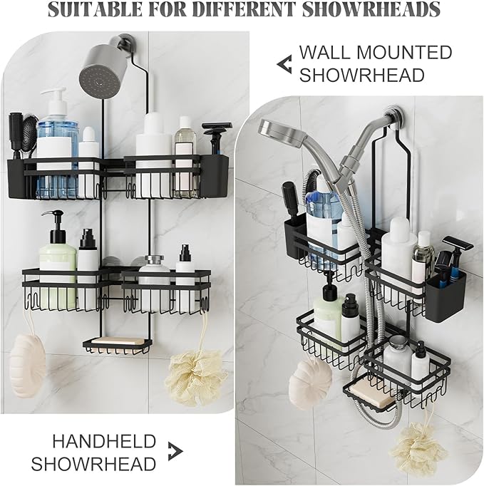 Shower Caddy Hanging for Bathroom Organizers and Storage - 3-Tier Adjustable Anti-Swing Shower Organizer Hanging with Heavy-Duty Suction Cups, Damage-Free Rustproof (Black)