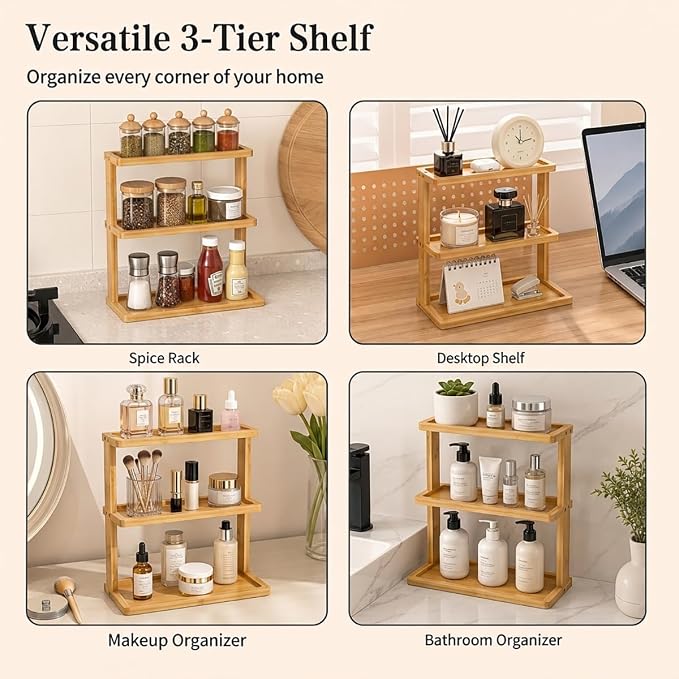 PEKER Bamboo Bathroom Organizer Countertop – Vanity Storage Shelf for Makeup, Perfume, Skincare – Natural Cosmetics Display Rack for Dresser, Sink, Kitchen – Natural