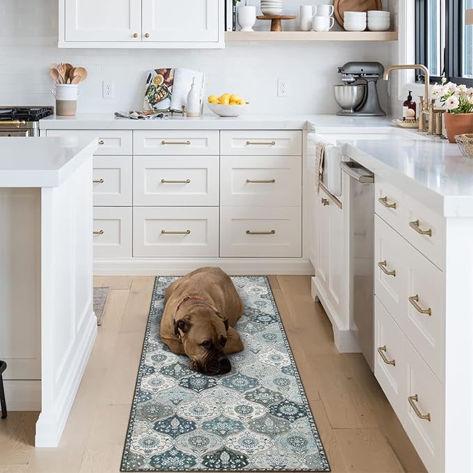 Lahome Moroccan Trellis Washable Runner Rug, 2x6 Runners for Hallways 6 Feet Non Slip Vintage Laundry Room Rug Vintage Ultra-Thin Long Carpet for Kitchen Bedroom Elise, Blue