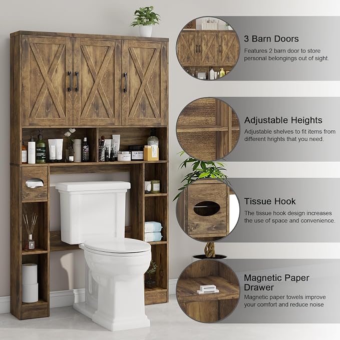 Vabches Over The Toilet Storage Cabinet, Farmhouse Toilet Cabinet Rack with 3 Barn Doors, Space Saving Bathroom Organizer with Shelves, Toilet Paper Holder and Towel Rack for Bathroom,Restroom, Brown