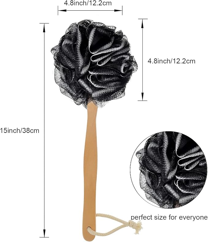 Loofah with Handle - Back Scrubber & Exfoliating Shower Sponge, PE Soft Mesh on a Wooden Stick for Men and Women(Black)