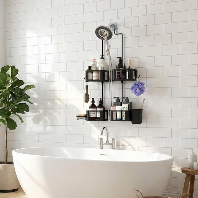 Epicano Shower Caddy for Handheld Showerheads,Black,Stainless Steel | Removable Hooks,Soap Holder & Toothbrush Holder, Rustproof, Anti-Swing, Holds Razor, Sponge, Soap, Toothbrush