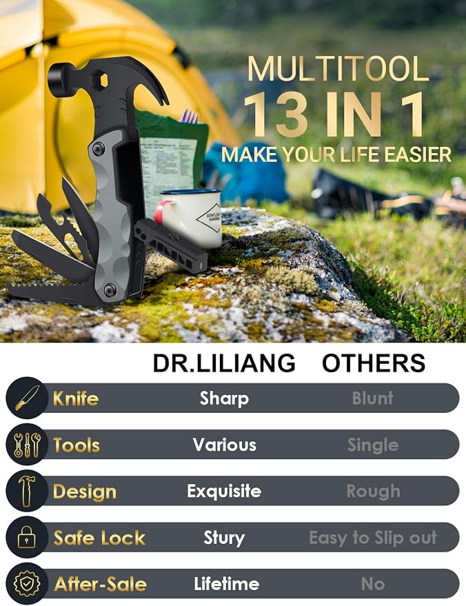 Fathers Day Dad Gifts from Daughter Son Wife, 13 in 1 Hammer Multitool, Cool Camping Accessories Survival Tools, Unique Birthday Present Ideas Gifts for Men, Husband, Grandpa, Step Dad, Him