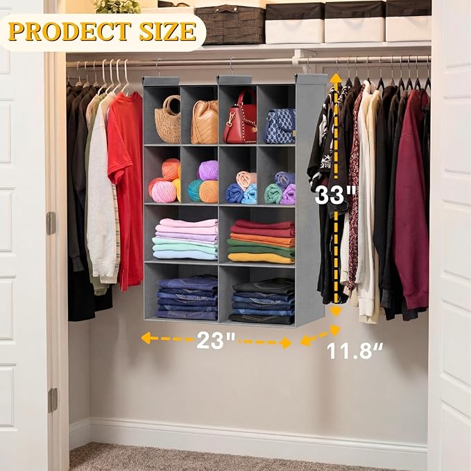 Ofiray-home 4 Tier Hanging Closet Organizer, 12 Compartments Sweater Organizer for Closet with 3 Sturdy Hooks, Closet Organizers and Storage, Wardrobe, Rv, Garment Rack, Grey