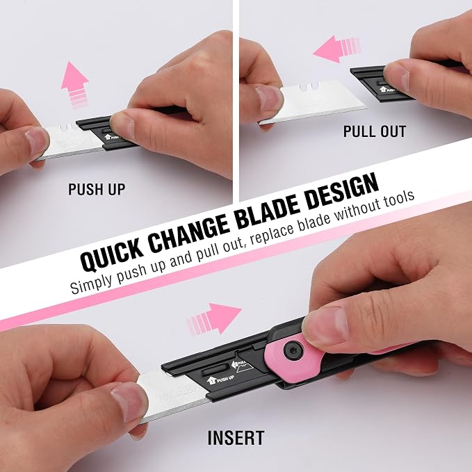 WORKPRO 2-in-1 Folding Knife/Utility Knife, Quick-Change Box Cutter with Belt Clip, Liner Lock, and G10 Handle, Extra 10 SK5 Blades Included - Pink Ribbon