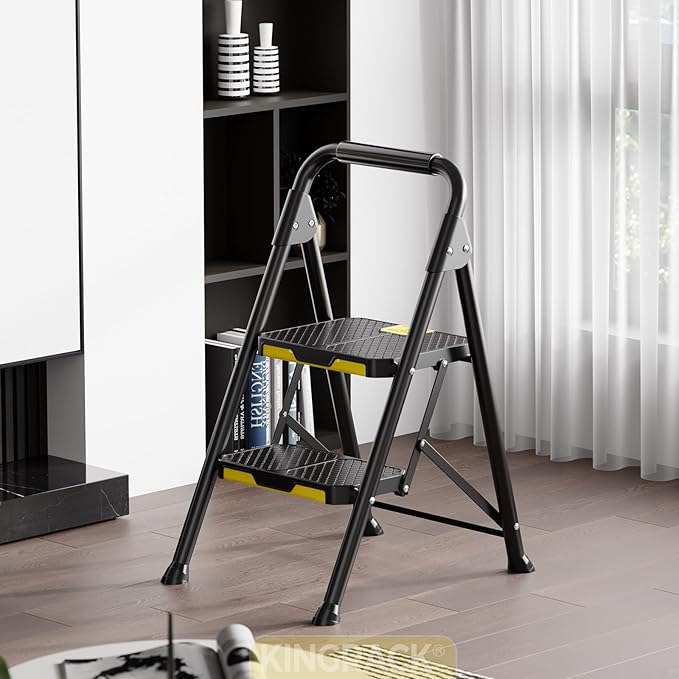 KINGRACK 2 Step Ladder, Sturdy Steel Step Stool with Safe-Lock Design, Handrail, Anti-Slip Wide Pedals, Pass 800lbs Load Testing, Folding Portable Ladder for Multi-Purpose, Home, Kitchen, Black