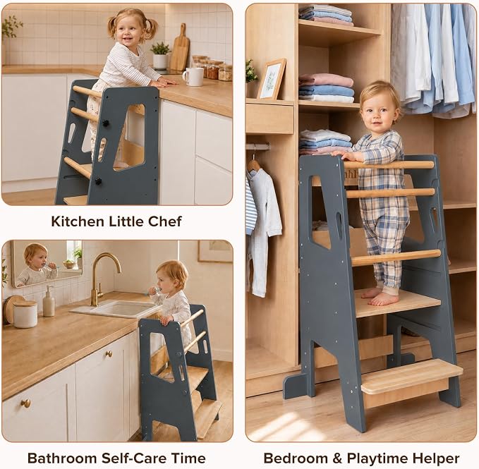 EHHLY Toddler Standing Tower Kitchen Helper – Extra Safe Adjustable 3-Level Learning Tower, Stable Wooden Toddler Kitchen Stool and Step Stool for Independent Learning (Gray)
