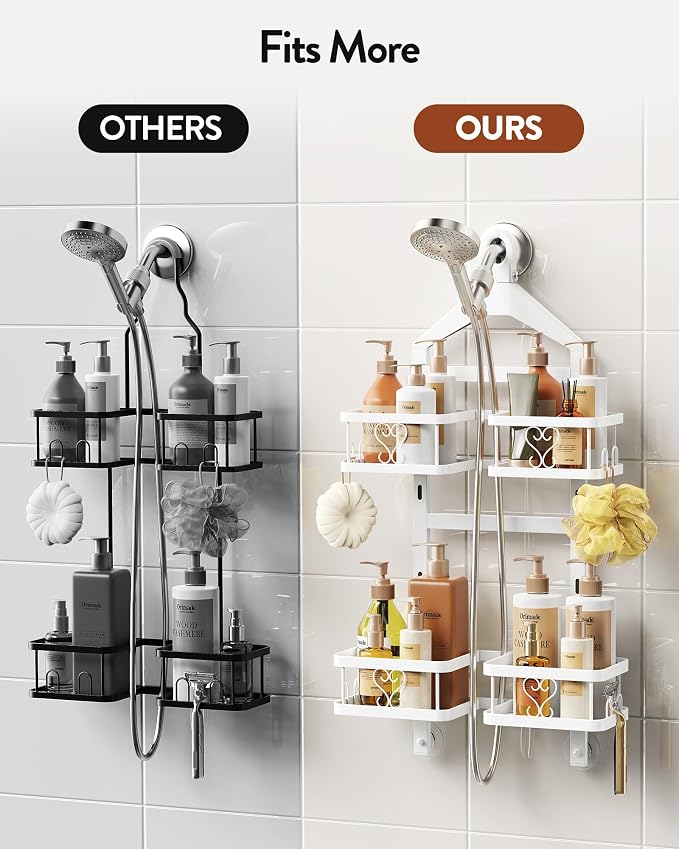 Orimade Adjustable Hanging Shower Caddy for Handheld Shower Heads, Rustproof Bathroom Shelf Organizer Over Showerhead Storage Rack with 8 Hooks, Easy-Clean Removable Baskets & Triple Anti-Slip, White