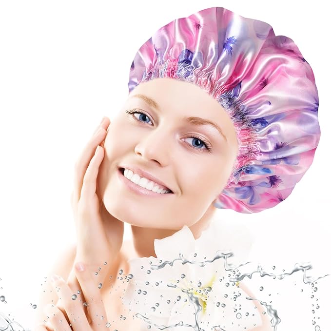 4 PCS Shower Caps for Women, 3D Printing Bath Caps, Double Layers Shower Cap Reusable Waterproof, Bathing Shower Caps, Environmental Protection Hair Bath Hat - Flower C