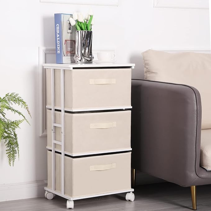 MAX Houser Dresser Tower with 3 Drawers for Bedroom, Fabric Storage Organizer Unit, Chest of Drawers with with WoodTop, Small Vertical Storage for Guest Room, Closet, Entryway, Nursery(Beige)