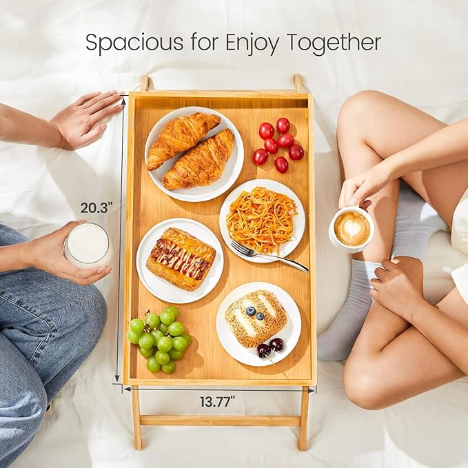 Bamboo Bed Tray Table, Large Breakfast Tray with Folding Legs, Multipurpose Serving Tray Use As Portable Laptop Snack Table, for Working, Eating, Reading by Pipishell