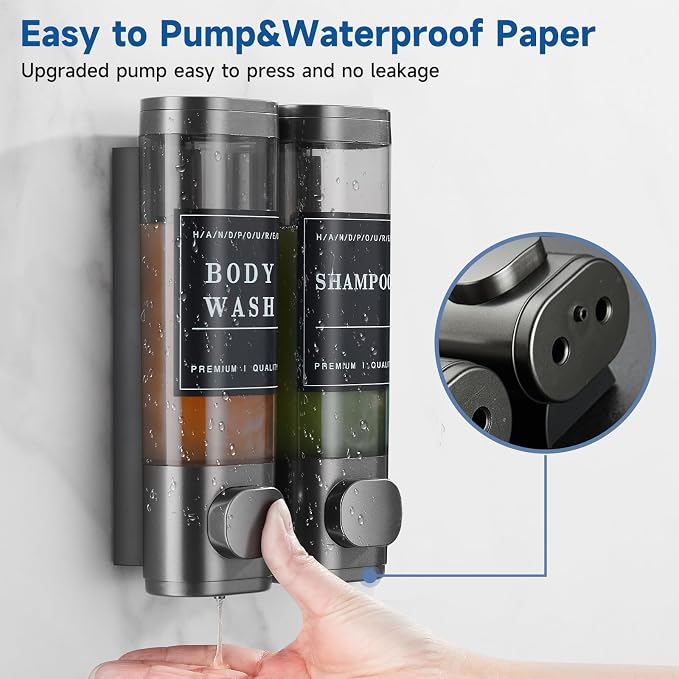 2-Chamber Wall-Mounted Shower Soap Dispenser for Shampoo and Conditioner - No Drill, Large Capacity Bathroom Dispenser for Hotel - Gun Gray