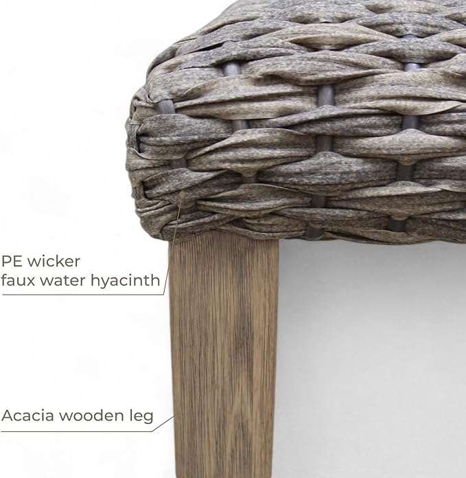 Outdoor Rattan Backless Bench, All-Weather Wicker & Solid Acacia Wood, Upholstered Premium Garden Bench with Woven Rattan Seat and Thick Outdoor Cushion for Patio, Porch, Living Room or Entryway