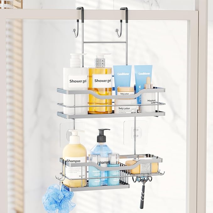 Consumest Over Door Shower Caddy - 2 Tier Shower Shelves Hanging with Soap Holders, Large Capacity Shower Organizer with 4 Hooks, Bathroom Rack and Storage, Silver
