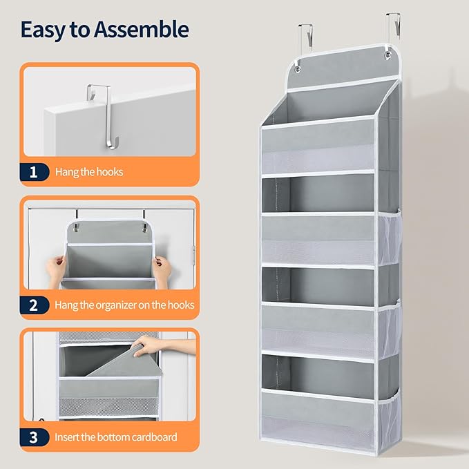 Yecaye Over The Door Organizer, Heavy Duty Hanging Organizers and Storage with 4 Large Capacity Pockets, Swing-Proof Behind The Door Storage for Bathroom Nursery Bedroom Dorm Closet, Grey,1Pc