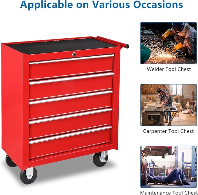 TUFFIOM 5-Drawer Rolling Tool Chest w/Drawers & Lock, Tool Storage Cabinet with Lockable Wheels, Top Cushion & Drawer Liners, Tool Organizer Box for Garage, Warehouse & Repair Sho