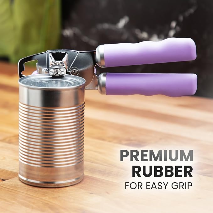 Zulay Kitchen Heavy Duty Stainless Steel Can Opener Manual with Bottle Opener - Rust Proof Manual Can Opener With Turn Knob & Comfy Soft Grip Handles - Lavender